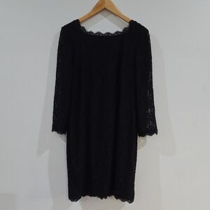 Adrianna Papell Black Square Neckline Lace Shift Dress With Gold Zipper Size 16